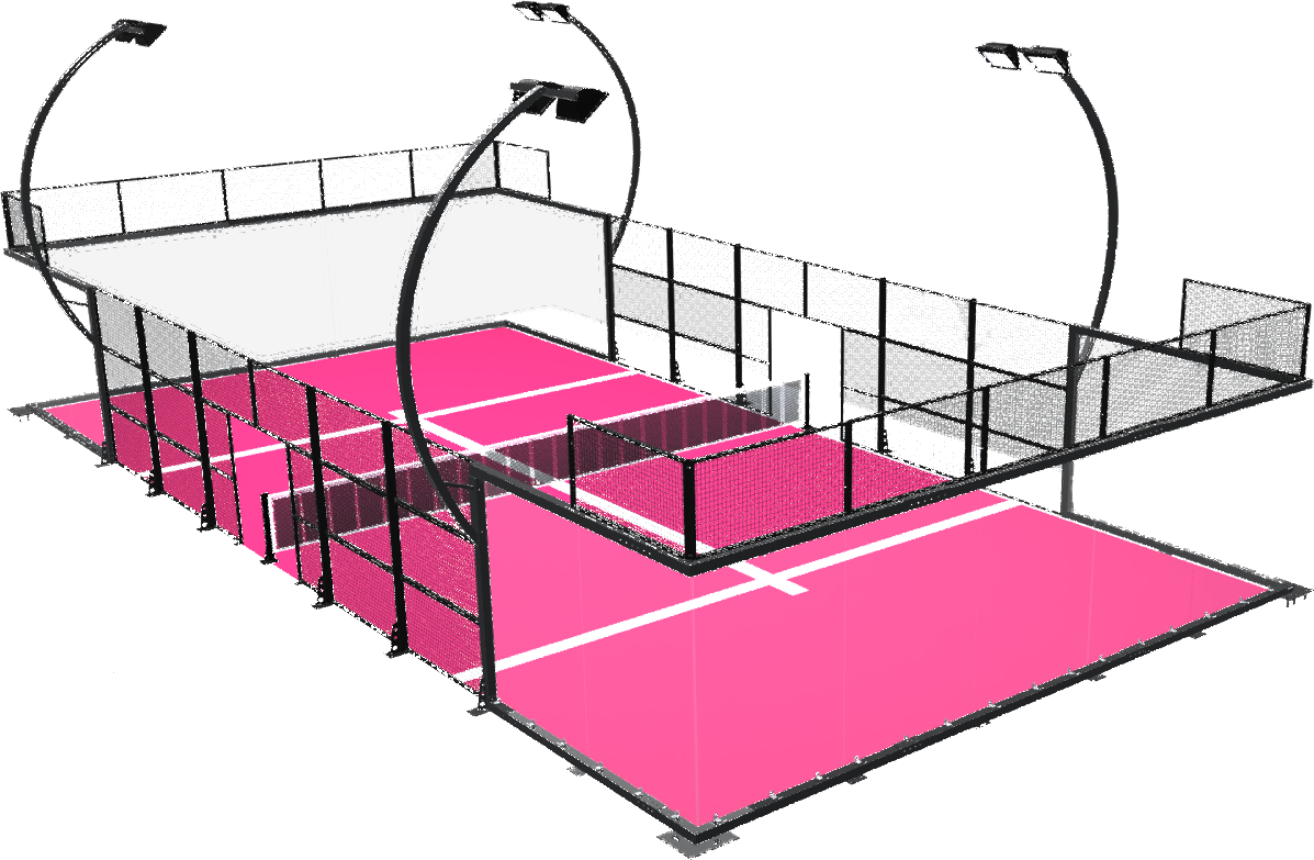 Cancha de pádel panorámica con césped rosa e iluminación LED