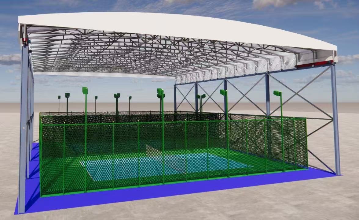 Render de un techo retráctil sobre una cancha, con la estructura de rieles a la vista
